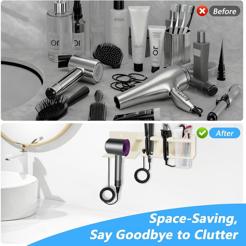 Yimerlen Hair Tool Organizer, 3-in-1 Universal Hair Dryer Holder Wall Mounted, Metal Hot Tools Organizer for Blow Dryer, Straightener and Curling Iron, Stylers Storage Rack for Bathroom (with Comb and Hook) - Image 3